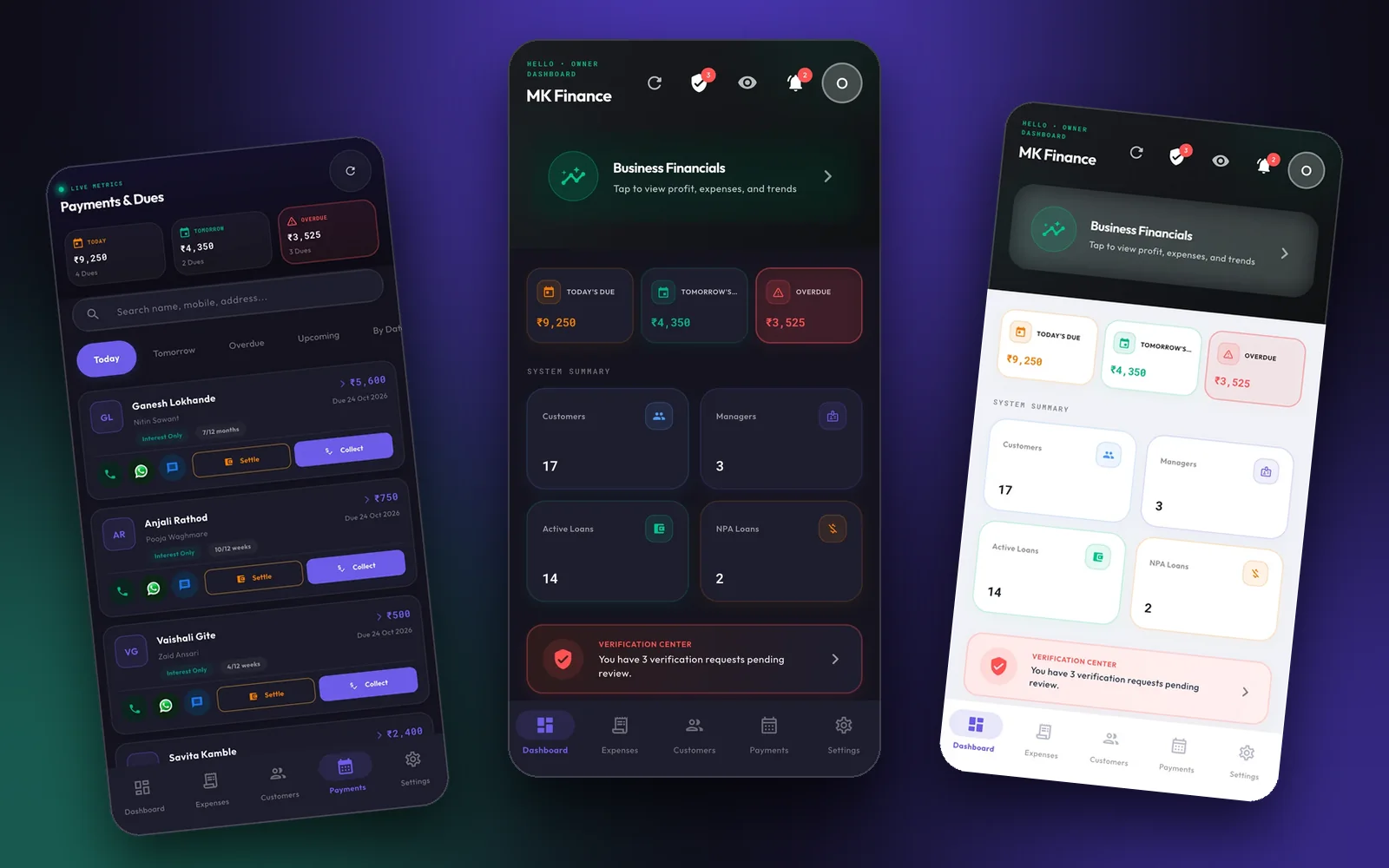 The Financer owner app in dark and light mode